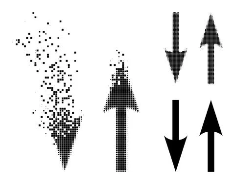 Damaged and Halftone Pixelated Vertical Exchange Arrows Icon Stock Illustration