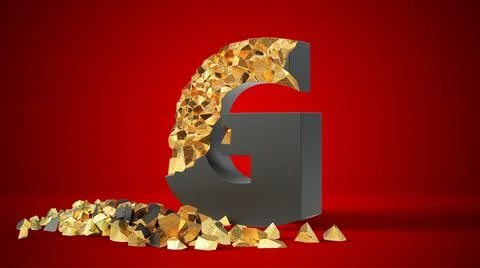 Damaged black letter G reveals gold inside. 3d illustration Stock Illustration