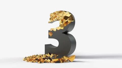 Damaged black number 3 reveals gold inside. 3d illustration Stock Illustration