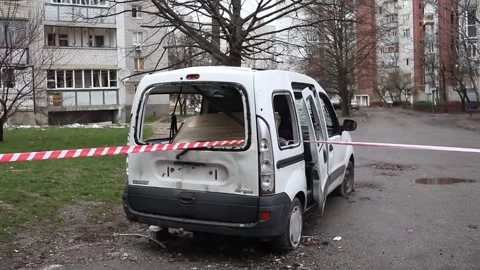 Damaged car after the attack by Russian aircraft. Stock Footage 229469449
