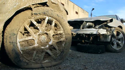 Damaged car in consequence of flooding Stock Footage 61716387