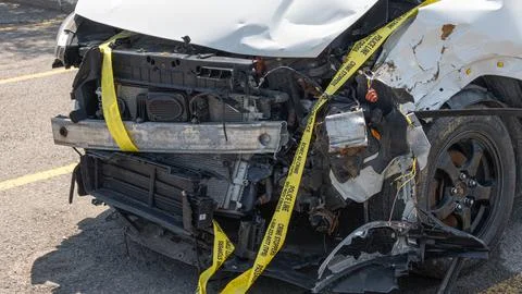 Damaged car front with yellow caution tape on asphalt surface, showcasing Stock Photos