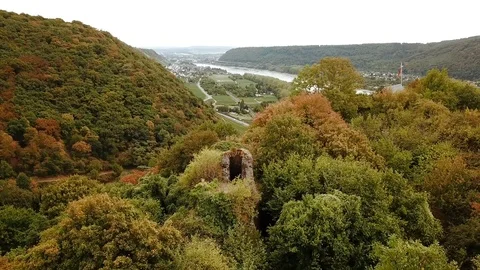 Damaged castle ruins seen through an aerial shot Stock Footage 95755974