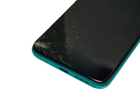Damaged cell phone screen after a fall, cracked smartphone screen glass Stock Photos