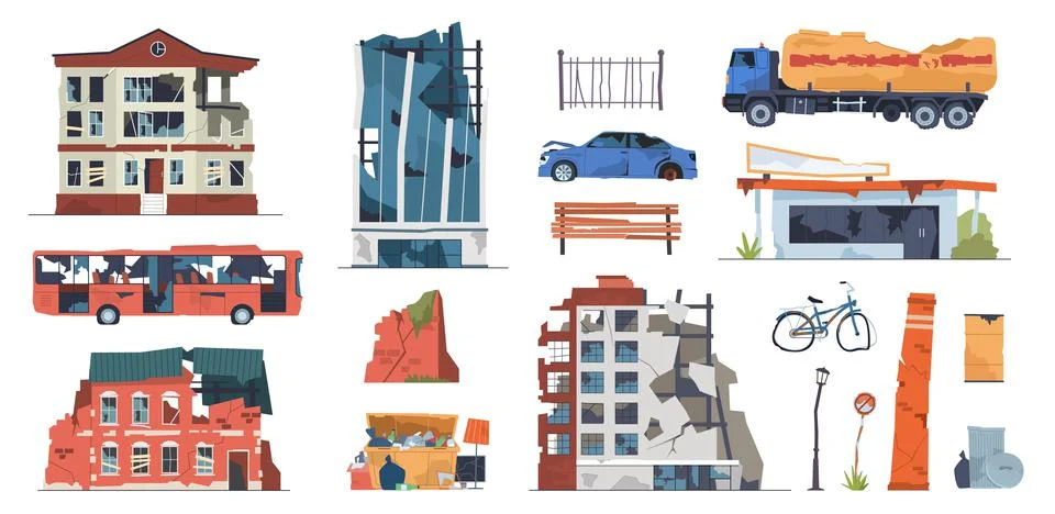 Damaged city objects. Collapsing urban buildings and transport, post apocalyptic Ilustración de archivo