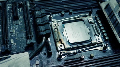 Damaged Computer Board Lit Up - Police, Forensics Stockbeeldmateriaal 262870060