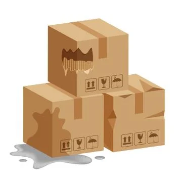 Damaged crate boxes 3d, broken cardboard box, flat style cardboard parcel box Stock Illustration