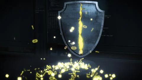 Damaged cyber security shield with glowing crack and falling data symbols, Stock Illustration