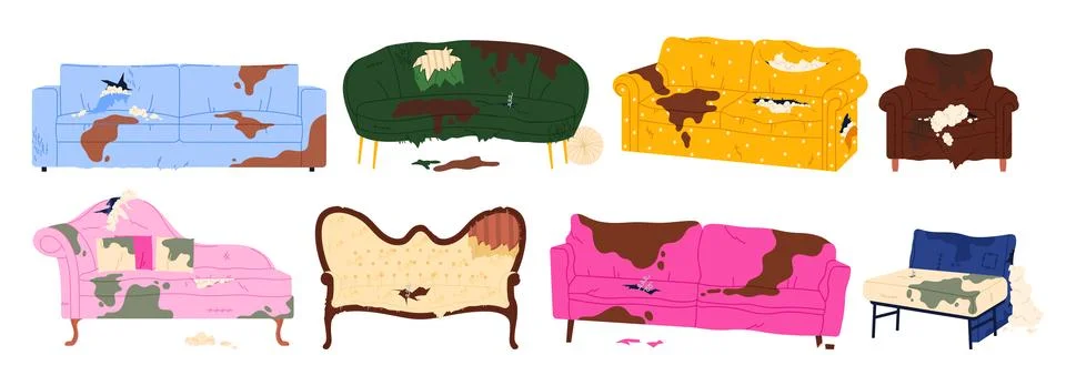 Damaged Dirty Sofas with Torn Upholstery Illustrazione stock