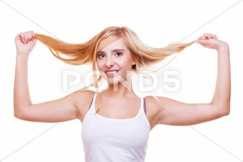 Damaged dry woman hair, unhappy hairy girl. Stock Photos