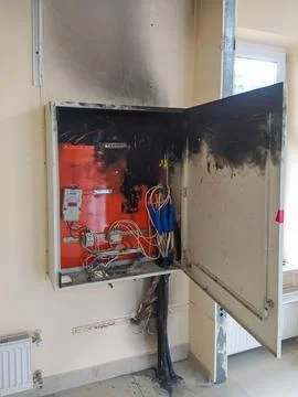 Damaged electrical panel after a fire short circuit. Consequences of a fire in 库存照片