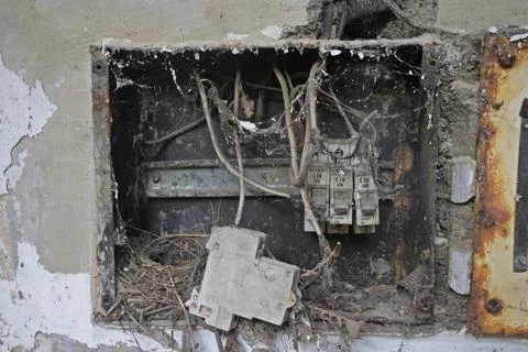 Damaged electrical switch board in old building Stock Photos