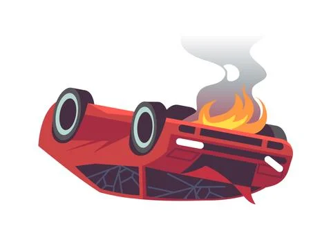 Damaged flat car. Auto accident on road, burning defective transport vehicle Illustrazione stock