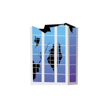 Damaged glass building, post war or apocalyptic city concept, flat vector Ilustración de archivo