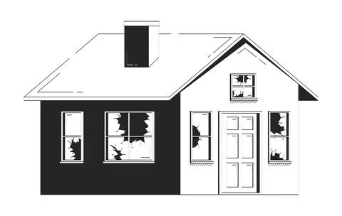 Damaged house broken windows doodle lineart illustration Ilustración de archivo