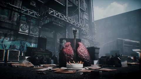 Damaged human lungs discarded in a garbage bin, symbolizing the harmful effects Stock-Footage 347319353
