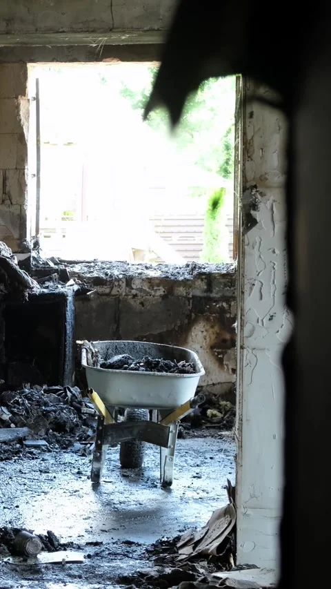 Damaged interior of a house after a fire with soot-covered walls and a Stock Footage 346172927