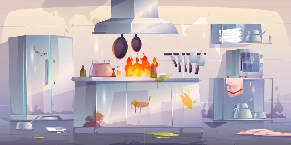 Damaged kitchen in restaurant, interior with fire Stock Illustration