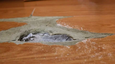 Damaged the laminate floor. Broken floor in the house with damage close-up. Stock Footage