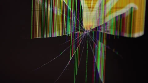 Damaged LCD screen with colorful vertical glitch lines and a crack from imp.. Stock Footage 324964484