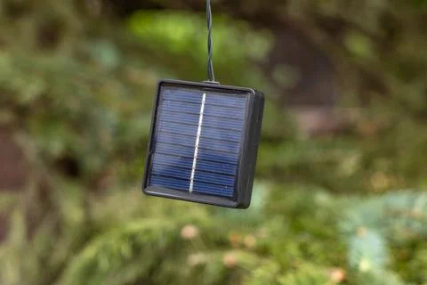 Damaged LED string lights in a garden pergola after heavy rain Stock Photos