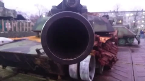 Damaged M1 Abrams tank of US lended for Ukranian army at public demonstration Stock Footage 297376512
