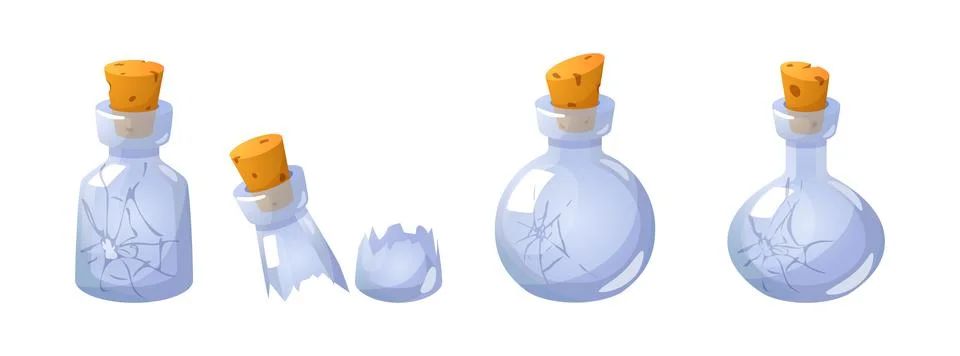 Damaged magic empty potion flask vector set, split glass bottle with cracks イラスト素材