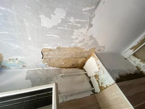 Damaged Old Interior Wall,  Peeling Paint and Exposed Plaster During Renovation Stock Photos