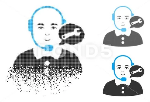 Operator Head Icon With Face In Dissolved, Pixelated Halftone And