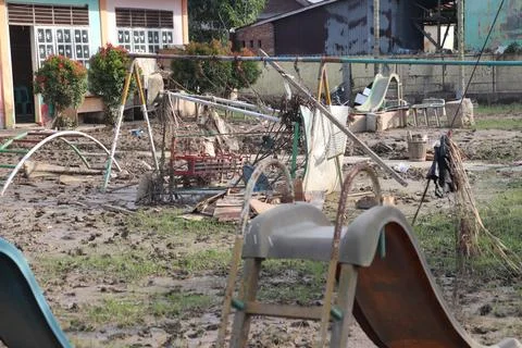 Damaged Playground in the Aftermath of a Devastating Flood Stock-Fotos