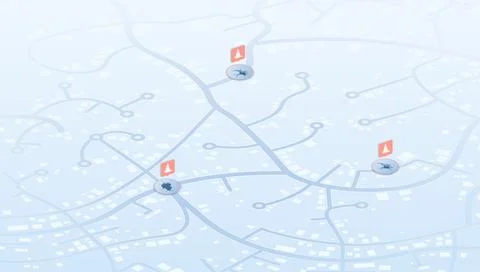 Damaged Road Surface Locations across different routes on Isometric City Map Stock Illustration