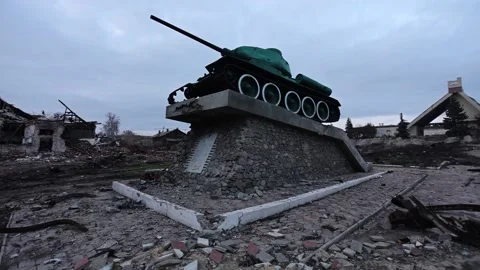 Damaged by russian army soviet tank T-34 Stock Footage 181939237