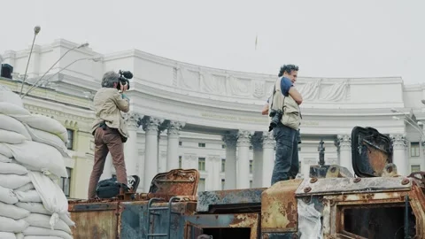 Damaged Russian Tanks Displayed on Khreshchatyk Street in Kyiv During War Stock Footage 336279926