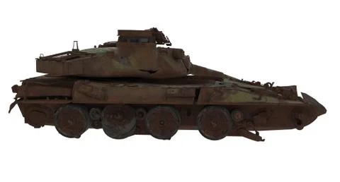 Damaged rusty battle tank on an isolated white background. 3d illustration Stock Illustration