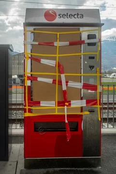 Damaged Selecta vending machine. Broken glass. Violence concept. Stock Photos