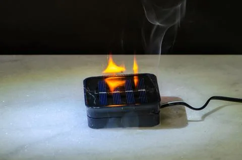 Damaged solar light device with residual smoke as risk of malfunction and fir Foto stock