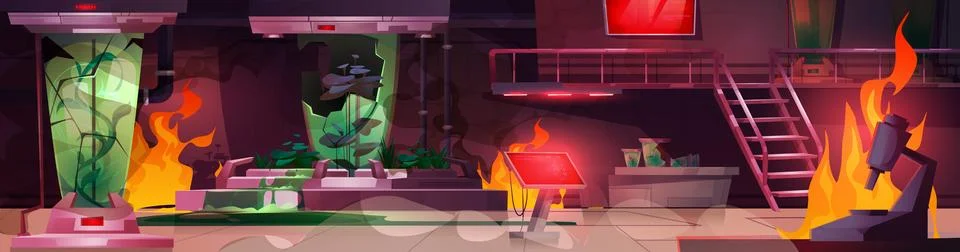 Damaged spacecraft laboratory in fire flames Stockillustratie