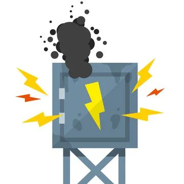 Damaged Switchboard. Cartoon flat illustration. Fuse and electrical engineeri Stock Illustration