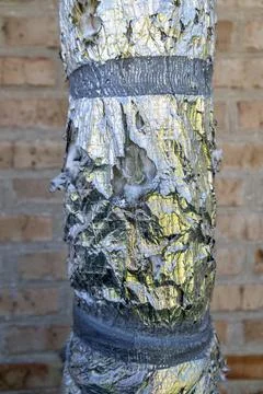 Damaged thermal insulation foil pipe with exposed fibrous material Stock Photos