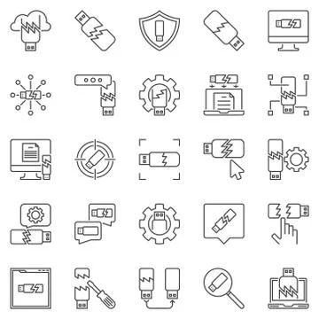 Damaged USB Flash Drive outline icons. Vector USB symbols Stock Illustration