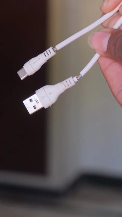 Damaged USB to Type C Cable Close Up – Broken Charging Video stock 332654236