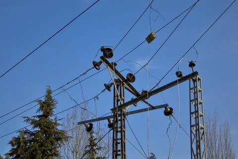 Damaged Utility Pole with Broken Power Line Stock Photos