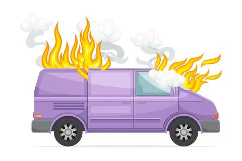 Damaged van car on fire. Car insurance case vector illustration Stock Illustration