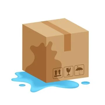 Damaged wet crate boxes 3d, broken cardboard box wet, flat style cardboard pa Stock Illustration