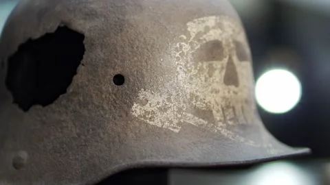 Damaged World War II German Helmet Stahlhelm on Turn Table Stock Footage 159203186