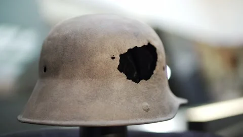 Damaged World War II German Helmet Stahlhelm on Turn Table Stock Footage 159203495