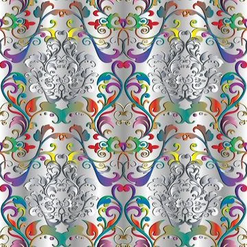 Damask 3d vector seamless pattern. Silver drapery floral vintage background Stock Illustration