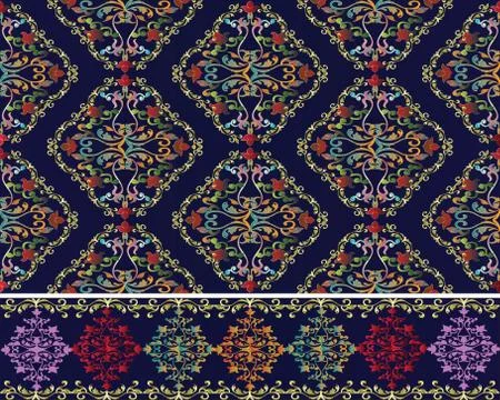 Damask Baroque seamless pattern and border. Set. Stock Illustration