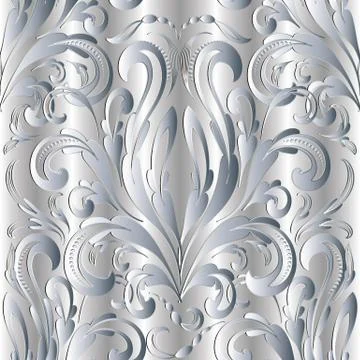 Damask baroque silver 3d seamless pattern. Vector drapery background Illustrazione stock