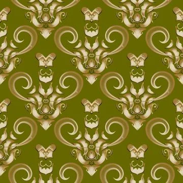 Damask Baroque style vector 3d seamless pattern. Green vector floral backgrou イラスト素材